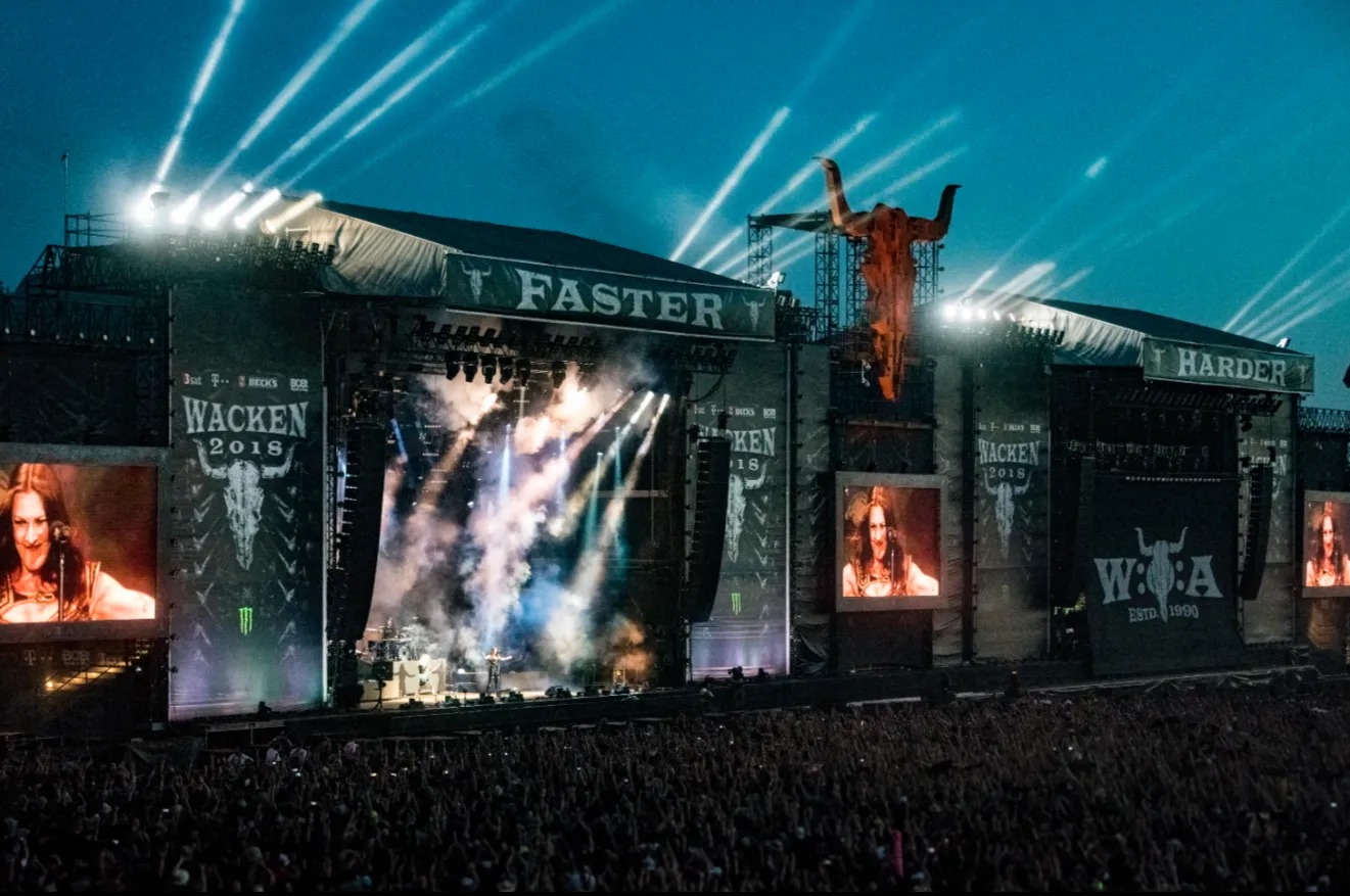 Drone photograph of Wacken stage and crowd.